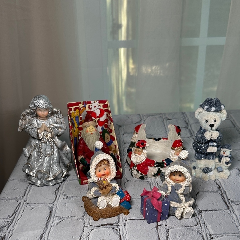 Lot of 6 Holiday Home Decor Figurines Ceramic Resin Santa Angels Candle Holder